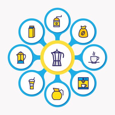 9 içki simgeler renkli çizgi vektör Illustration. Kahve değirmeni, Fransız düzenlenebilir set tuşuna basın, kahve makinesi ve diğer simge öğeleri.