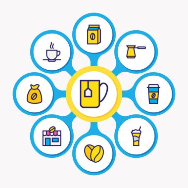 9 java simgeler renkli çizgi vektör Illustration. Cezve, kahvesi, kahve ve diğer simge öğeleri düzenlenebilir kümesi.