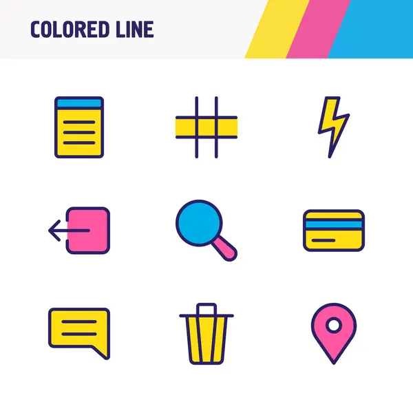 Illustration vectorielle de 9 icônes d'annexe ligne colorée. Jeu modifiable de déconnexion, grille, recherche et autres éléments d'icône . — Image vectorielle