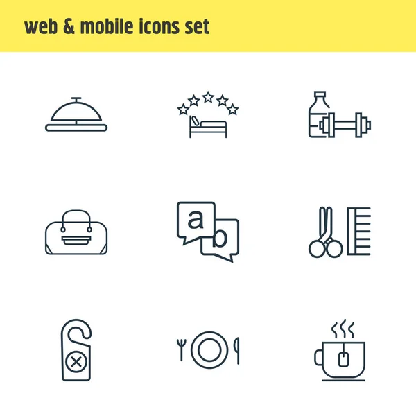 Illustration vectorielle de 9 icônes touristiques de style ligne. Jeu modifiable de rétroaction, ciseaux avec peigne, salle de fitness et autres éléments d'icône . — Image vectorielle