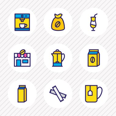 9 java simgeler renkli çizgi vektör Illustration. Kupa kahve, şeker, mocca ve diğer simge öğeleri düzenlenebilir kümesi.
