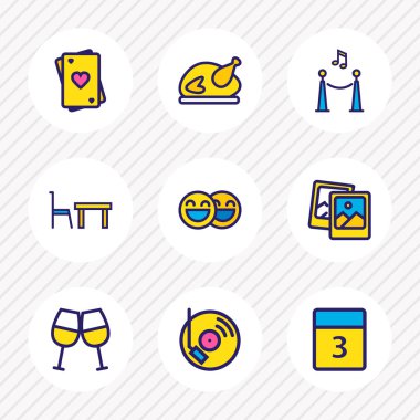 9 kutlama simgeler renkli çizgi vektör Illustration. Gece kulübü, Türkiye, alkış ve diğer simge öğeleri düzenlenebilir kümesi.