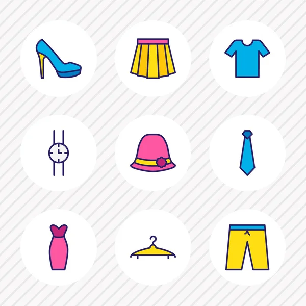 Ilustração vetorial de 9 ícones de roupas coloridas linha. Conjunto editável de gravata, saia, camiseta e outros elementos de ícone . — Vetor de Stock