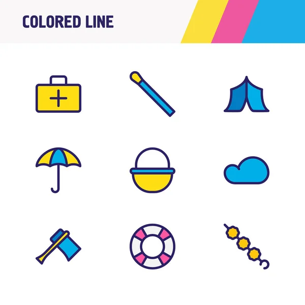 Illustration vectorielle de 9 icônes de camping ligne colorée. Ensemble modifiable de match, tente, bouée de sauvetage et autres éléments d'icône . — Image vectorielle