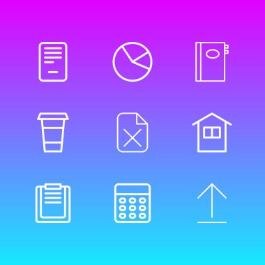 9 office simgeleri çizgi stili Illustration. Hesap makinesi, yükleme, dosya yönetim kurulu ve diğer simge öğeleri düzenlenebilir kümesi.