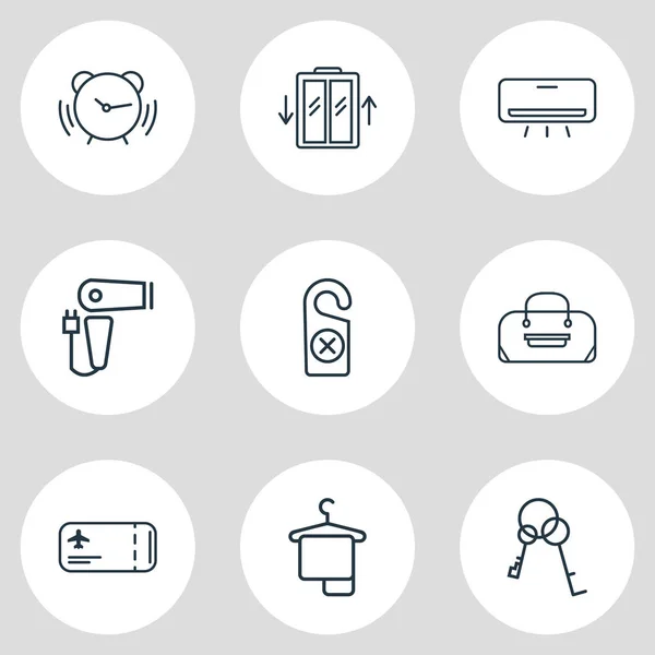 Ilustración de 9 iconos de vacaciones estilo de línea. Conjunto editable de equipaje, aire acondicionado, llaves y otros elementos del icono . —  Fotos de Stock