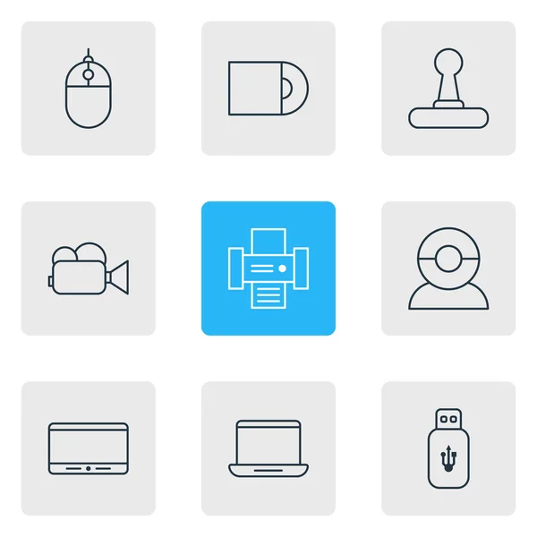 Ilustración de 9 iconos de gadget estilo de línea. Conjunto editable de unidad flash, impresora, cámara web y otros elementos de icono . —  Fotos de Stock