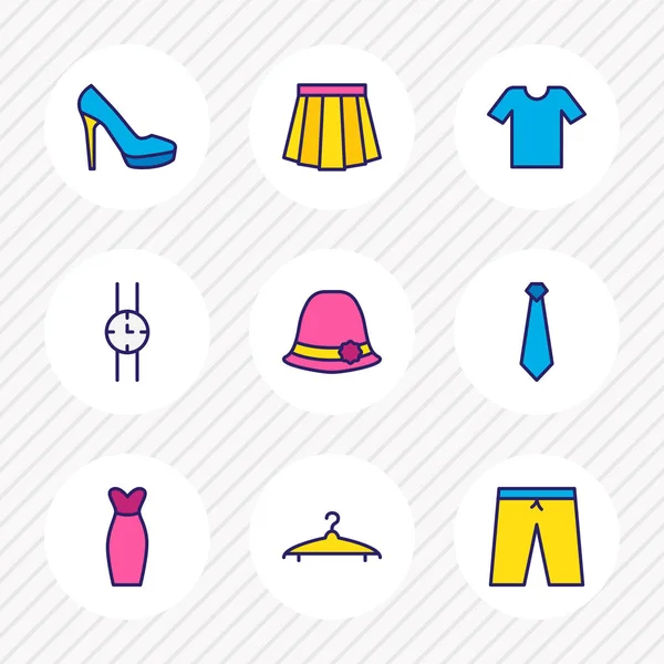 Ilustración de 9 iconos de vestido línea de color. Conjunto editable de corbata, falda, camiseta y otros elementos del icono . —  Fotos de Stock