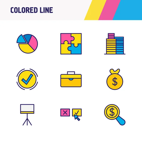Illustration de 9 icônes commerciales ligne colorée. Ensemble modifiable de mallette, graphique à secteurs, sac d'argent et autres éléments d'icône . — Photo