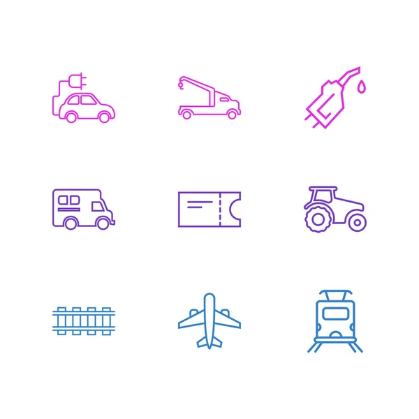 Ілюстрація 9 транспортних значків стилю лінії. Підходящий набір літаків, поїздів метро, бензинових труб та інших елементів значка . — стокове фото