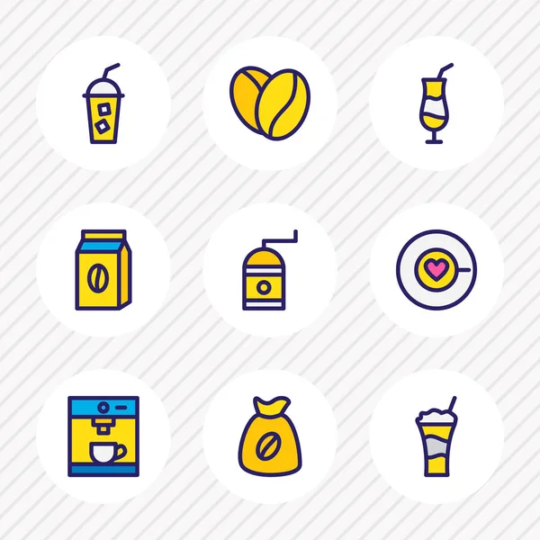 Illustration av 9 kaffe ikoner färgad linje. Redigerbara uppsättning kaffe kärlek, kallt kaffe, mocca och andra ikonen element. — Stockfoto