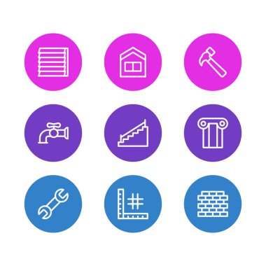 9 mimari simgeler çizgi stili vektör Illustration. İngiliz anahtarı, sütun, merdiven ve diğer simge öğeleri düzenlenebilir kümesi.