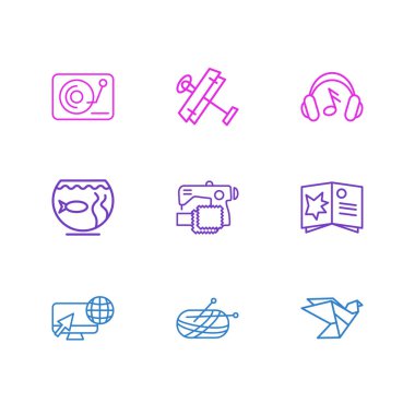 9 yaşam tarzı simgeleri çizgi stili vektör Illustration. İnternet sörf, djing, dikiş ve diğer simge öğeleri düzenlenebilir kümesi.