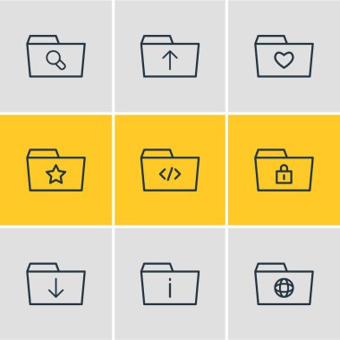 9 dosya simgeleri çizgi stili vektör Illustration. Düzenlenebilir kilitli, upload, paylaşılan ve diğer simge öğeleri kümesi.