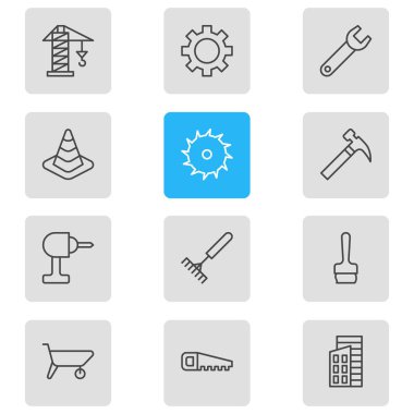 12 sanayi simgeleri çizgi stili vektör Illustration. Testere, fırça, matkap ve diğer simge öğeleri düzenlenebilir kümesi.