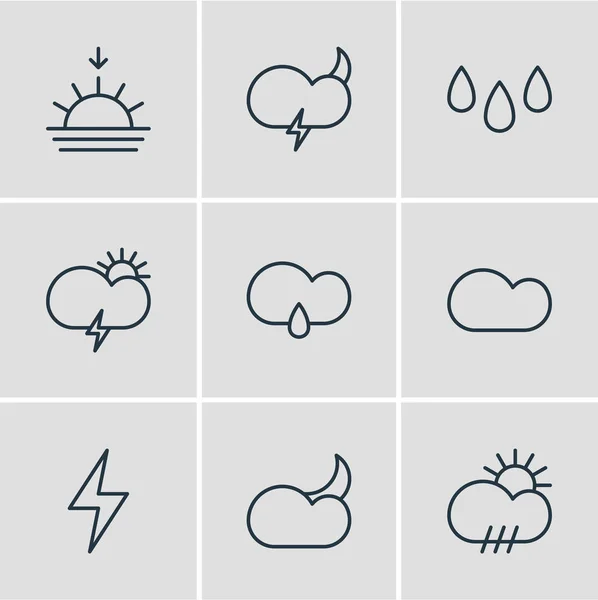 Ilustración vectorial de 9 iconos meteorológicos estilo de línea. Conjunto editable de tormenta, noche, tormenta de nieve y otros elementos del icono . — Archivo Imágenes Vectoriales