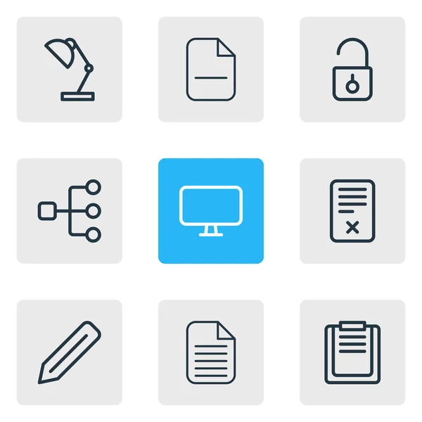 矢量图9办公室图标线样式。可编辑的文件板、监视器、删除和其他图标元素集. — 图库矢量图片