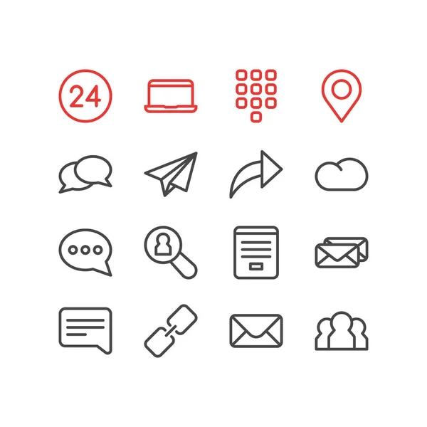 Ilustración vectorial de 16 iconos de contacto estilo de línea. Conjunto editable de correspondencia, equipo, compartir y otros elementos del icono . — Vector de stock