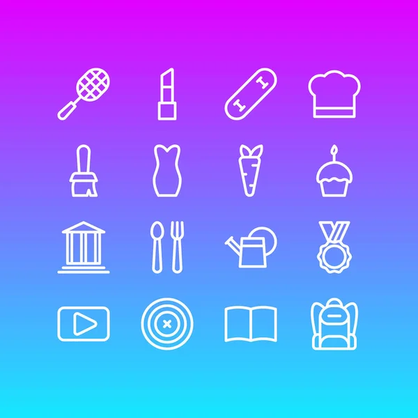 Ilustração vetorial de 16 ícones de entretenimento estilo linha. Conjunto editável de vestido de noite, escova, culinária e outros elementos de ícone . —  Vetores de Stock