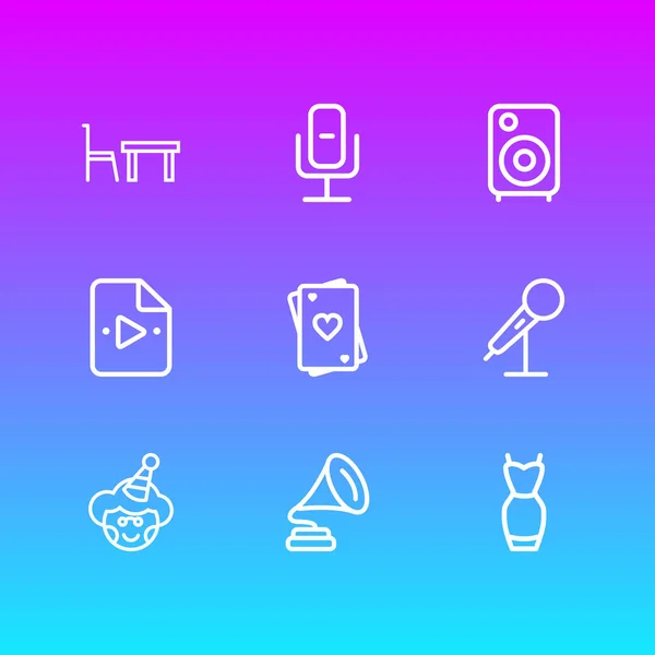 Illustration vectorielle de 9 icônes événementielles style ligne. Ensemble modifiable de robe de soirée, carte à jouer, haut-parleur et autres éléments d'icône . — Image vectorielle