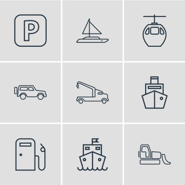 9 taşıma simgeler çizgi stili Illustration. Kargo gemisi, işaret, suv ve diğer simge öğeleri otopark düzenlenebilir kümesi.