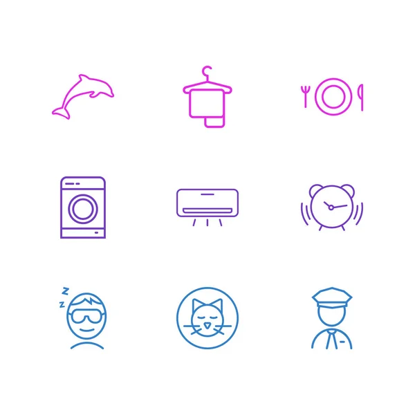 Illustration av 9 turism ikoner linjeformat. Redigerbara uppsättning tvättmaskin, Husdjur tillåtna, sover man och andra ikonen element. — Stockfoto
