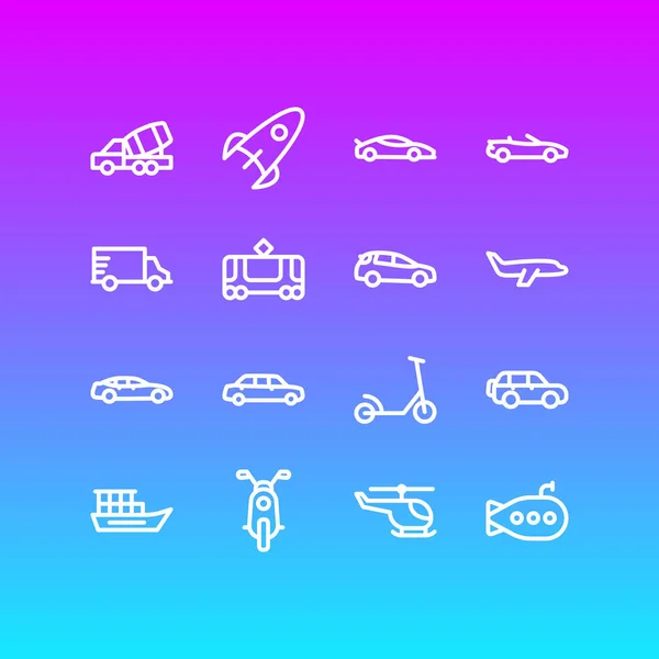 Illustration de 16 icônes de transit style ligne. Ensemble modifiable de SUV moyen, bateau, moto et autres éléments d'icône . — Photo