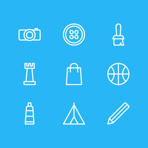 illustration of 9 hobby icons line style. Editable set of camera, brush, tube and other icon elements.