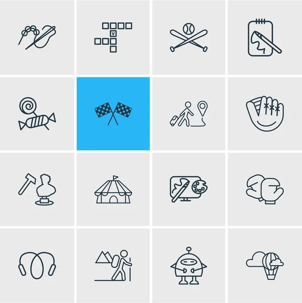 Illustratie van 16 levensstijl pictogrammen lijnstijl. Racing vlaggen, cirque, wandelen en andere elementen van het pictogram bewerkbaar set. — Stockfoto