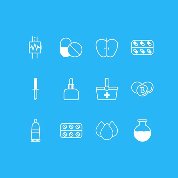 Иллюстрация стиля линии 12 медицинских икон. Набор пробирки, зубная паста, шопинг и другие иконы . — стоковое фото