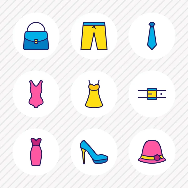 Иллюстрация 9 иконок одежды цветной линии. Набор женских шляп, сумок, женской обуви и других элементов знака . — стоковое фото
