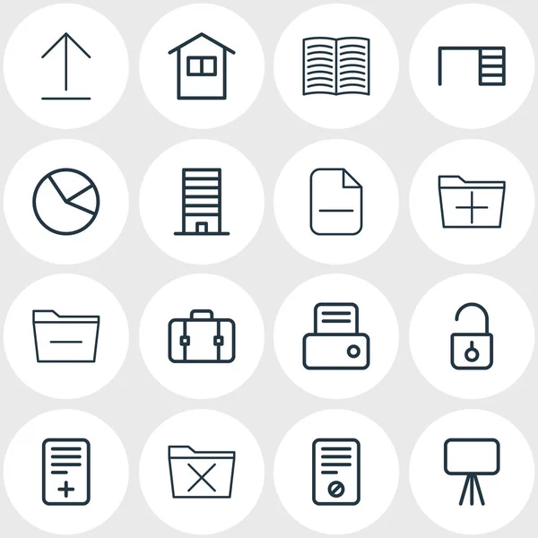 Ilustração de 16 estilo de linha de ícones de escritório. Conjunto editável de mala, casa, desbloqueio e outros elementos de ícone . — Fotografia de Stock