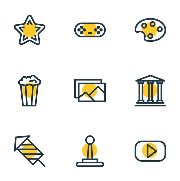 Ilustración de 9 iconos de la alegría estilo de línea. Conjunto editable de paleta, imagen, estrella y otros elementos del icono . —  Fotos de Stock