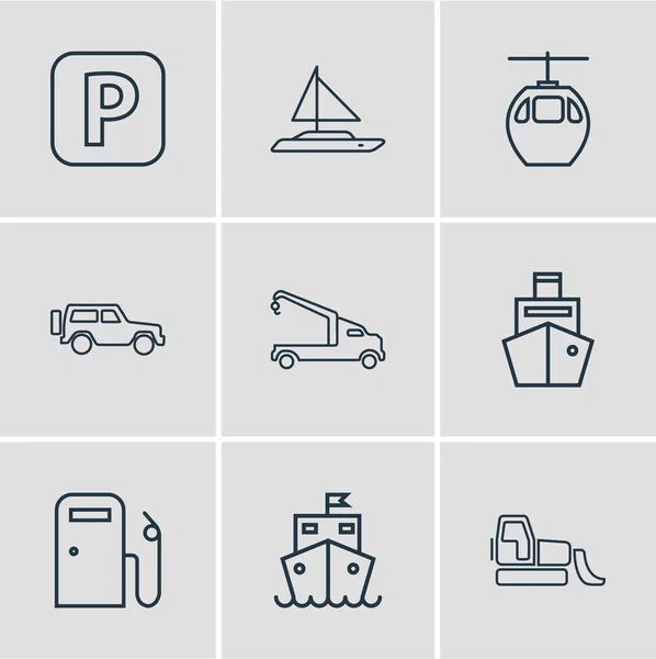 Illustrazione di 9 icone di trasporto stile linea. Set modificabile di nave da carico, cartello di parcheggio, SUV e altri elementi icona . — Foto Stock