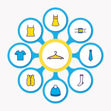 9 Giysi simgeler renkli çizgi vektör Illustration. Tank, kemer, yelek ve diğer simge öğeleri düzenlenebilir kümesi.