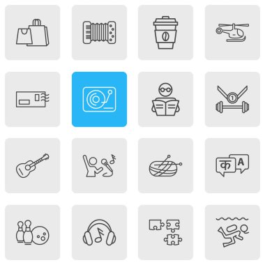 16 faaliyetleri simgeler çizgi stili vektör Illustration. Spor, gitar, akordeon ve diğer simge öğeleri düzenlenebilir kümesi.