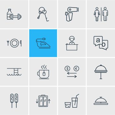 16 tatil simgeler çizgi stili vektör Illustration. Otel, fitness salonu, anahtarları ve diğer simge öğeleri düzenlenebilir seti.