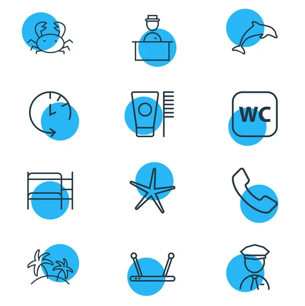 Illustration vectorielle de 12 icônes touristiques de style ligne. Ensemble modifiable de dauphins, gardes de sécurité, brosses à dents et autres éléments d'icône . — Image vectorielle