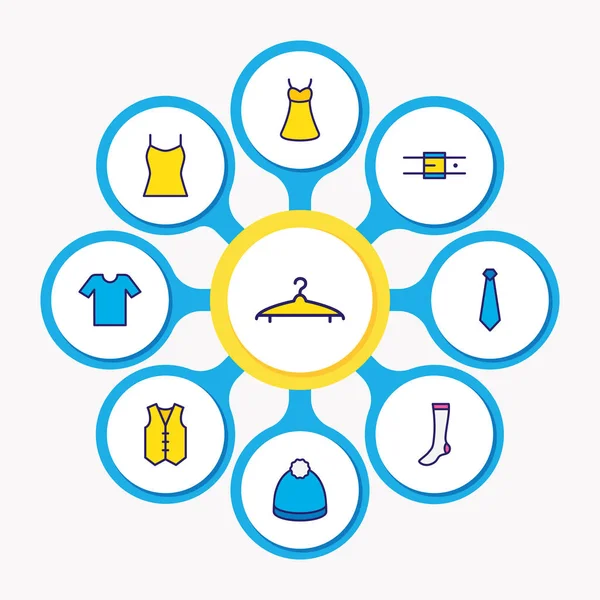 9 Giysi simgeler renkli çizgi vektör Illustration. Tank, kemer, yelek ve diğer simge öğeleri düzenlenebilir kümesi.