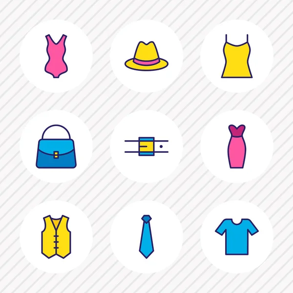 Illustration vectorielle de 9 icônes de vêtement ligne colorée. Ensemble modifiable de maillot de bain, cravate, chapeau et autres éléments d'icône . — Image vectorielle