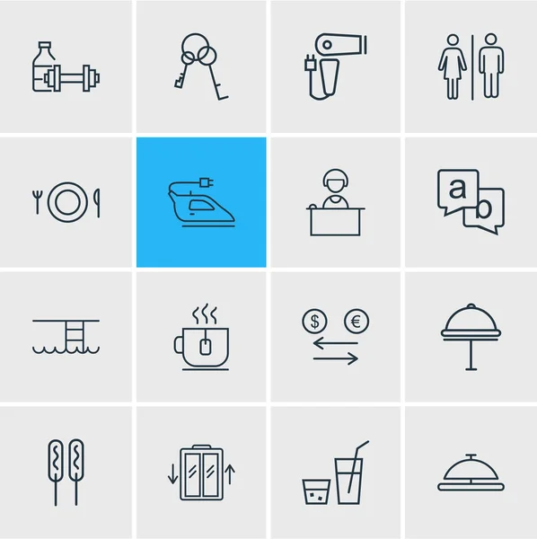 Illustration vectorielle de 16 icônes de vacances style ligne. Ensemble modifiable de livraison d'hôtel, salle de fitness, clés et autres éléments d'icône . — Image vectorielle