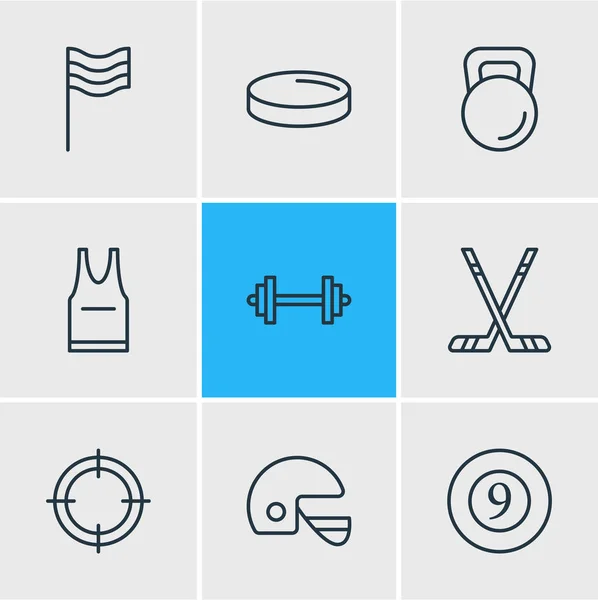 Vectorillustratie van 9 atletische pictogrammen lijnstijl. Bewerkbare set stokken, halters, afwerking en andere elementen van het pictogram. — Stockvector