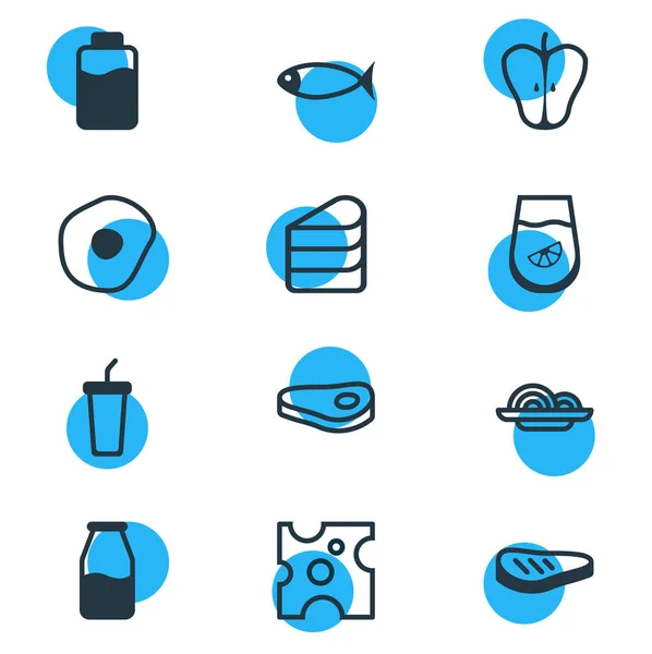 Ilustración vectorial de 12 iconos de comida estilo línea. Conjunto editable de carne cruda, taza de papel, pescado y otros elementos del icono . — Archivo Imágenes Vectoriales