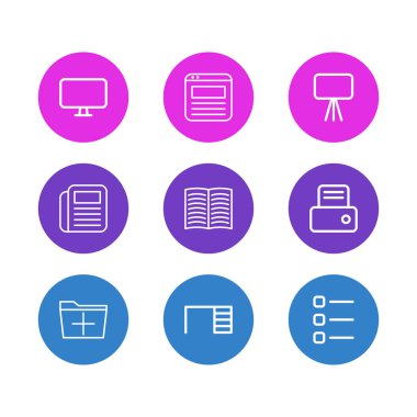 9 büro simgeler çizgi stili Illustration. Resepsiyon, sunum, liste ve diğer simge öğeleri düzenlenebilir kümesi.