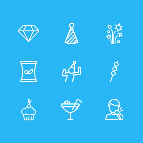 Illustration de 9 icônes de fête style ligne. Ensemble modifiable de muffins, pétards, guimauves et autres éléments emblématiques . — Photo