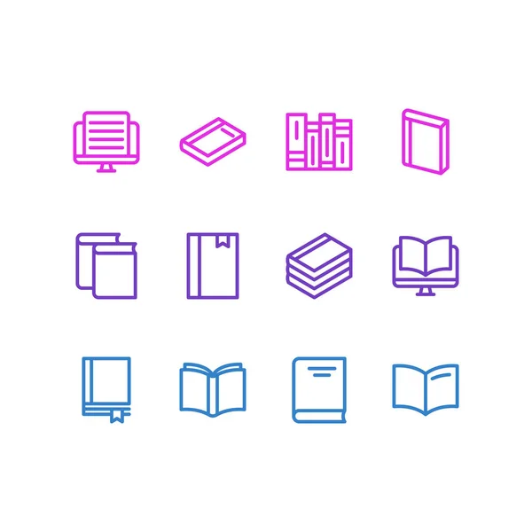Ilustración de 12 iconos del libro estilo de línea. Conjunto editable de enciclopedia, documento, diccionario y otros elementos del icono . — Foto de Stock