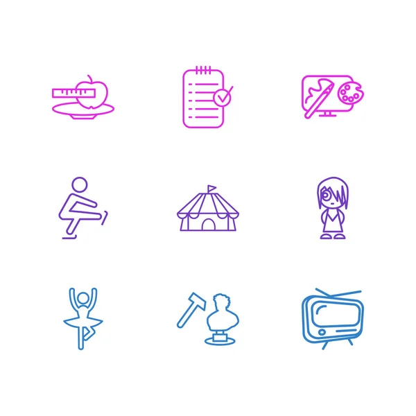 Ilustración de 9 iconos de entretenimiento estilo de línea. Conjunto editable de tv, escultura, diseño y otros elementos del icono . —  Fotos de Stock