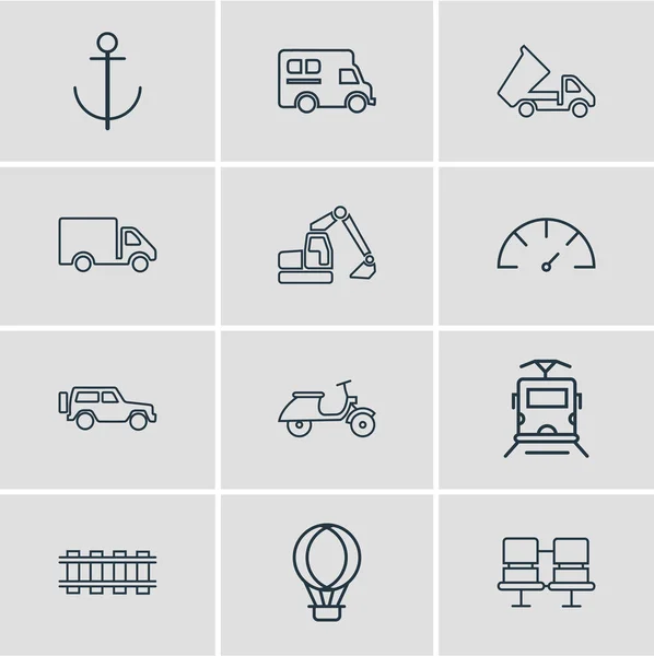 12 közlekedési ikonok vonalstílus illusztrációja. Szerkeszthető utasülések, villamos, teherautó és egyéb ikon készlet. — Stock Fotó