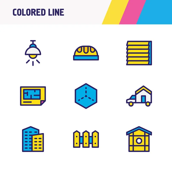 Ilustración de 9 iconos de la industria línea de colores. Conjunto editable de sombrero de trabajador, encuadre, revestimiento de ventana y otros elementos del icono . — Foto de Stock