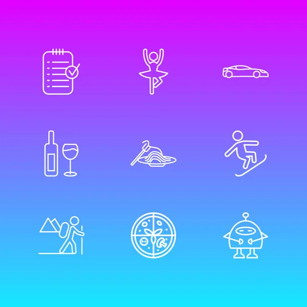 Illustratie van 9 activiteiten pictogrammen lijnstijl. Sport auto, pasta's, robots en andere elementen van het pictogram bewerkbaar set. — Stockfoto